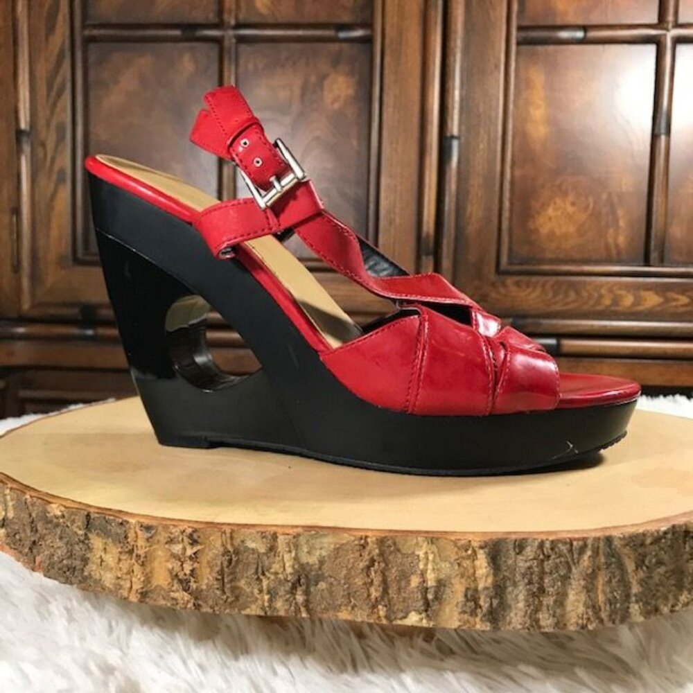 Nine West Strawberry Faux Leather Carve-Out Heel Buckle Sling Platform Sandal - Picture 3 of 14